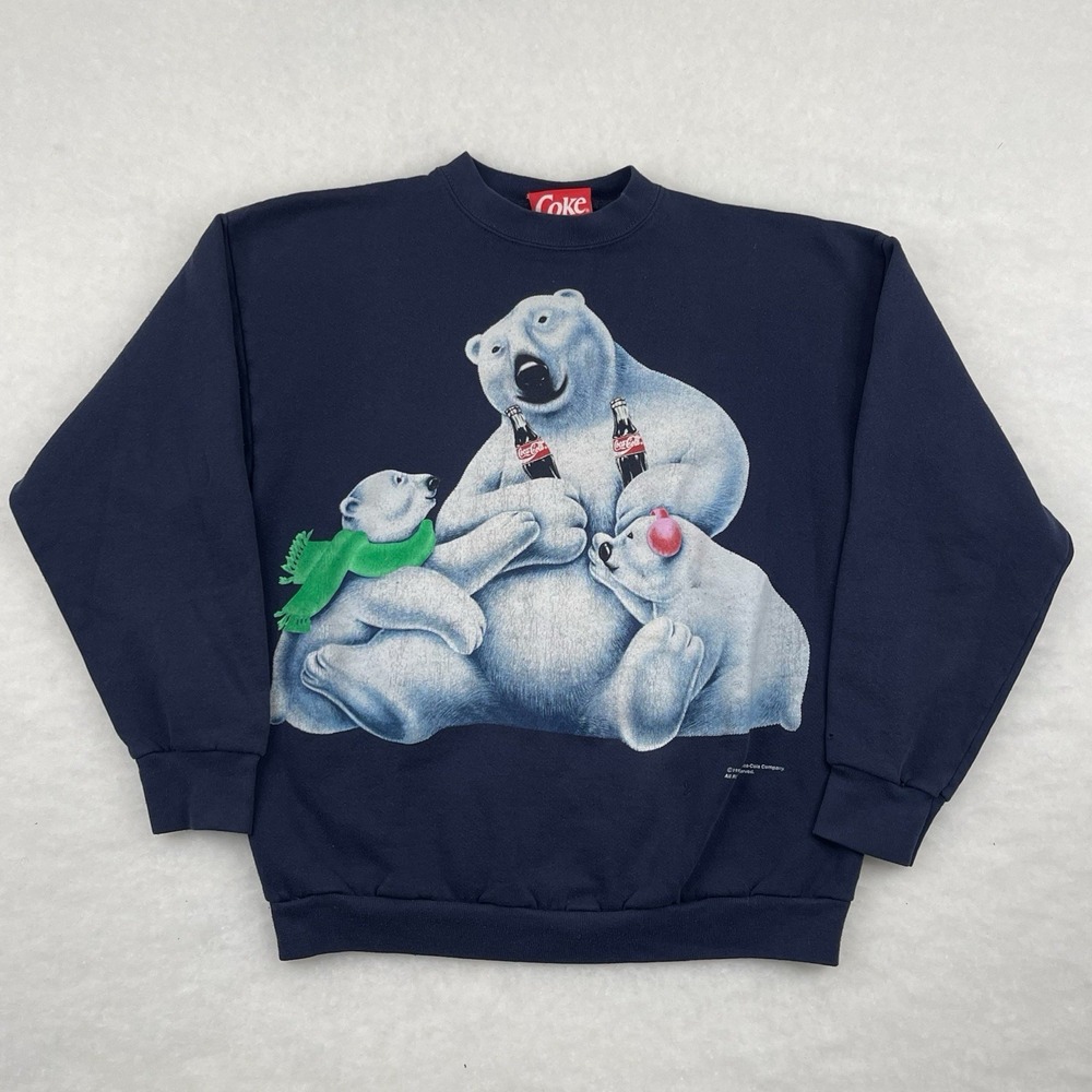 Vintage 90's Coca Cola Crewneck Polar Bear Navy Blue Size Large 1995